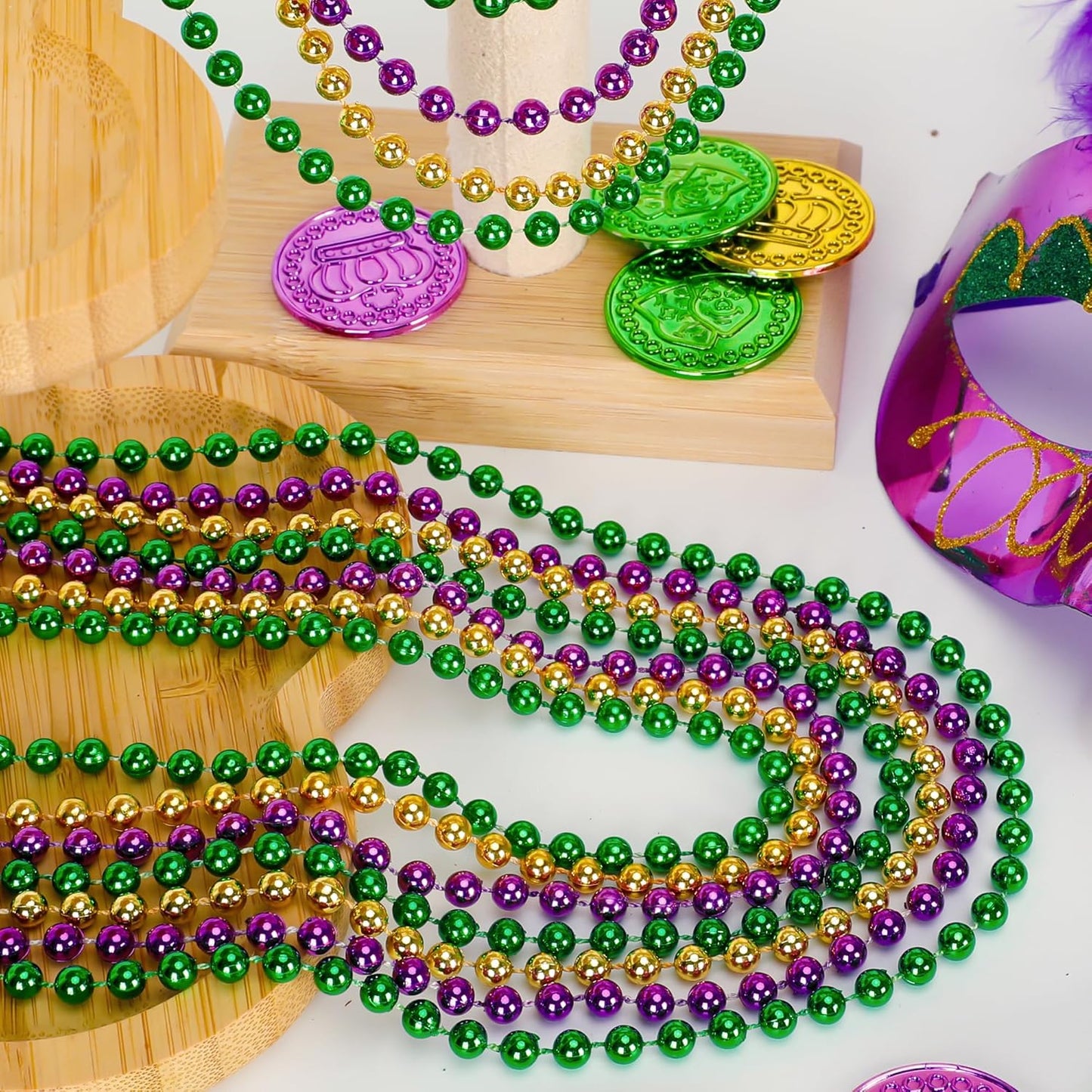 15PCS Mardi Gras Beads, Green Purple Gold Mardi Gras Necklace Accessories, 33" Round Festival Beads Carnival Party Favors Bulk, Beads Necklace for Parade Throws Party Decorations Costumes Supplies