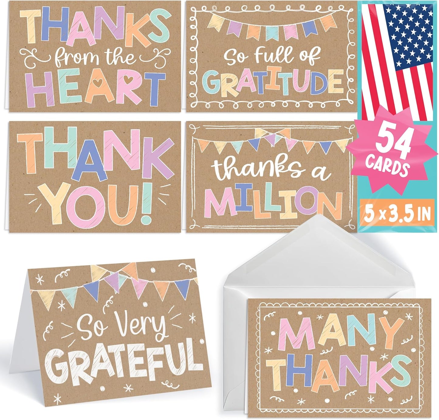 Hadley Designs Bulk Thank You Cards with Envelopes - 54 Kids Thank You Cards For Teachers, Cute Thanks Blank Cards and Envelopes, Fun Appreciation Note Card for Birthday, Baby Shower & Small Business