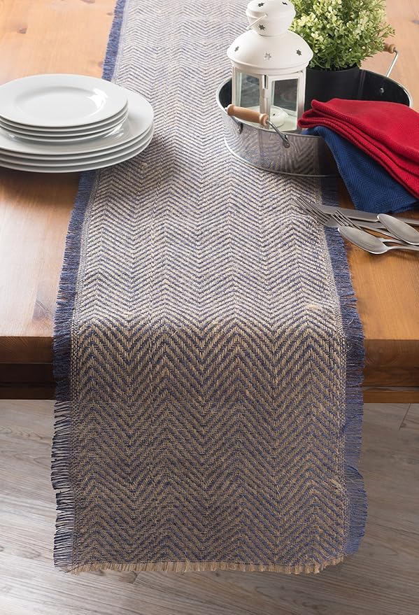 DII Jute Burlap Collection Kitchen Tabletop, Table Runner, 14x108, Chevron Blue