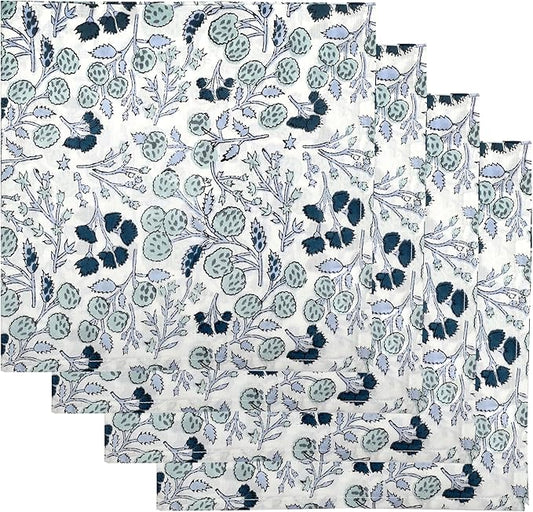 Ridhi Denim Blue Hand Block Print 100% Cotton Napkins 18" x 18" (Set of 4) Reuseable Kitchen Napkins Cloth Decor Dinner Party Wedding Cocktail Gift for Spring, Easter, Valentine