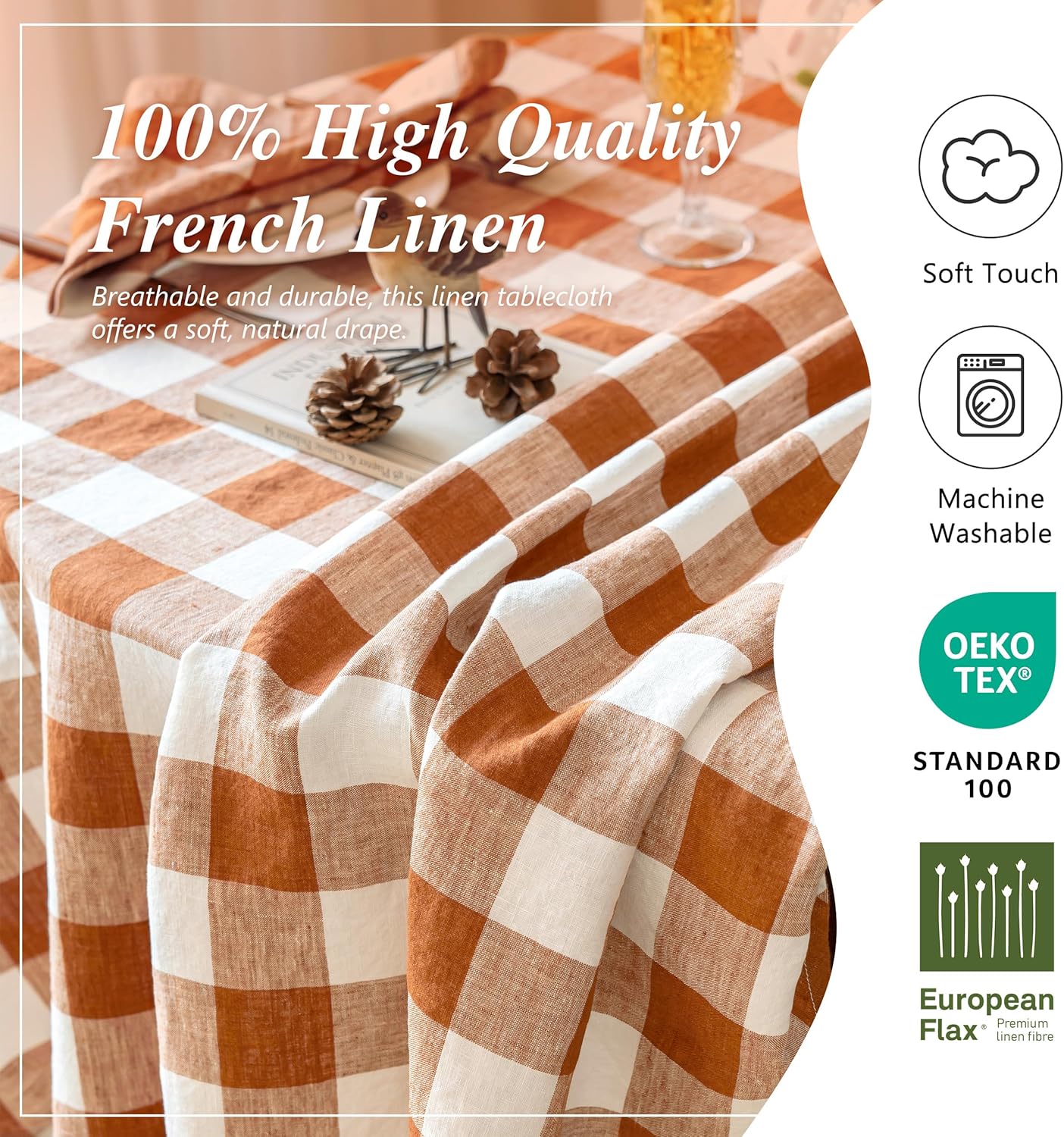 Linen World Gingham Tablecloth – Buffalo Plaid Round Linen Tablecloth 90" Inch,100% French Flax Table Cloth for Dining Table,Weddings,Thanksgiving & Christmas Decor,Rust Checkered