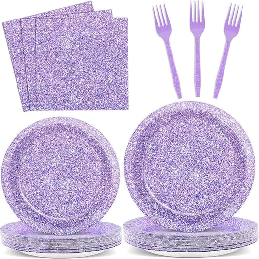 96PCS Purple Glitter Paper Plates and Napkins K-pop Purple Tableware Party Paper Plates Glitter Birthday Disposable Dinnerware Parties Set for Girl Women Sprinkle Wedding Anniversary Party Decorations