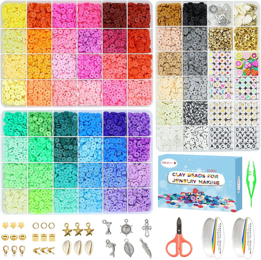 Redtwo 10000 Pcs Clay Beads Bracelet Making Kit, 3 Boxes 60 Colors Flat Preppy Beads for Friendship Bracelet Kit, Polymer Heishi Beads with Charms for Jewelry Making, Crafts Gifts for Teen Girls