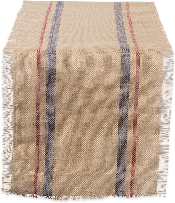 DII Jute Burlap Collection Kitchen Tabletop, Table Runner, 14x108, Double Border Blue/Red