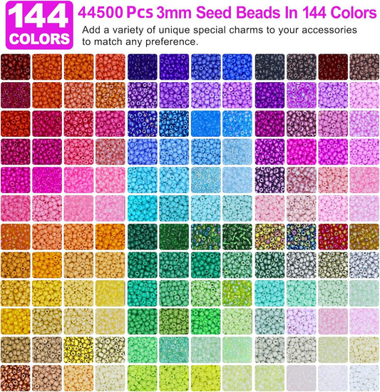 Redtwo 3mm 44500pcs Glass Seed Beads Kit, 7 Boxes 144 Colors Small Beads for Bracelets, Friendship Bracelet Kit with Charms and Letters