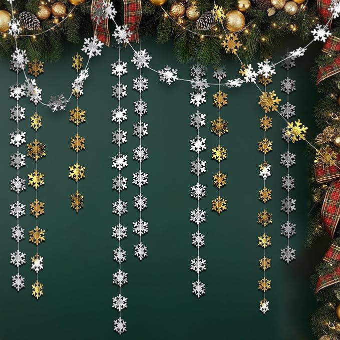 Cheerland Clearance Silver and Gold Snowflake Decorations Hanging Winter Birthday Party Garland Christmas Snowflakes Xmas Snow Flake Streamer Wall Backdrop Holiday Classroom Baby Showers Office Decor