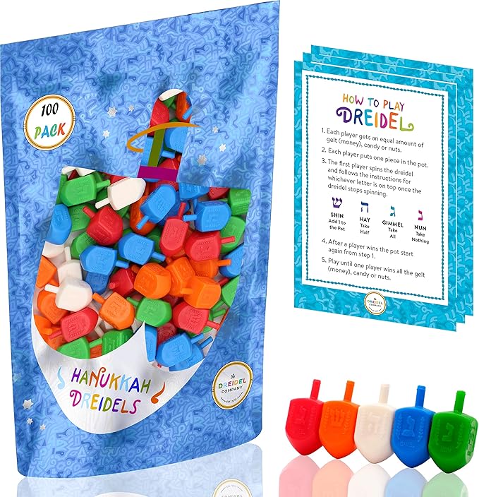 100-Pack Hanukkah Dreidels Multicolor Plastic Chanuka Draydels with English Transliteration, Includes Dreidel Game Instruction Cards