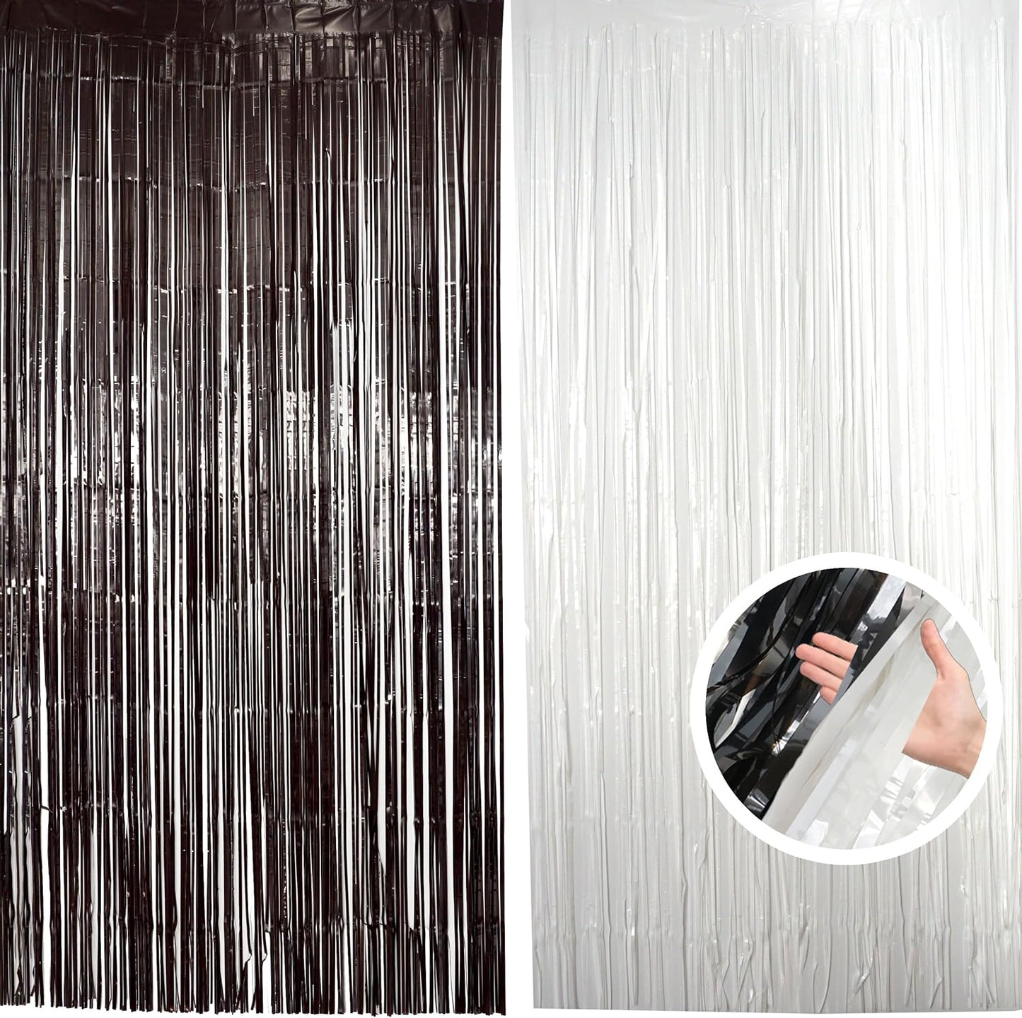 2 Pack Black & White Streamers Party Backdrop, 39"W x 78"L Modern Foil Fringe Curtains, Black & White, Holiday Theme