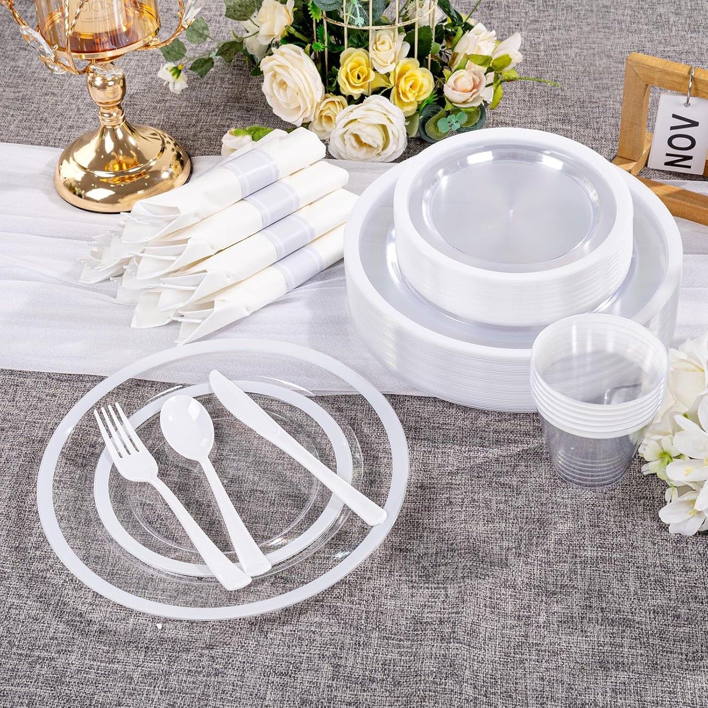 I00000 210 Pcs Clear White Plates for 30 Guests, White Dinnerware Include 60 Plates, 30 Cups, 30 Pre Rolled Napkins with Cutlery Set for Party and Wedding