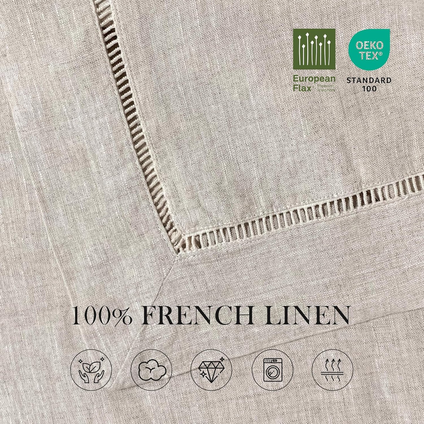 Linen World Hemstitch Linen Tablecloth,French Linen Natural Tablecloth 55" x 55" Inch,Washable Square Table Cloth for Dining,Outdoor,Weddings and Restaurants,Decorative Thanksgiving Christmas