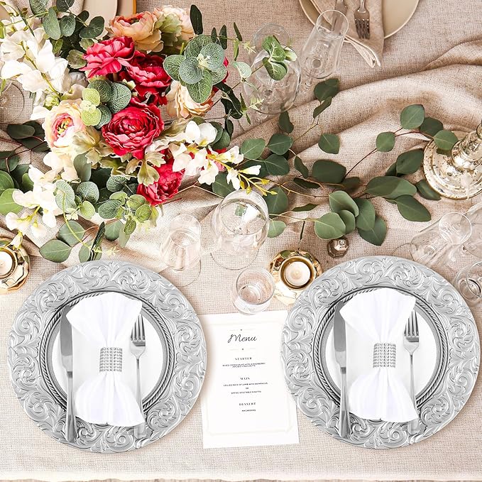 Uiifan 12 Pcs Antique Charger Plates Bulk 13'' Plastic Plate Chargers Decorative Embossed Rim Round Plates for Wedding Party Event Dinner Kitchen Table Setting Decoration (Silver)
