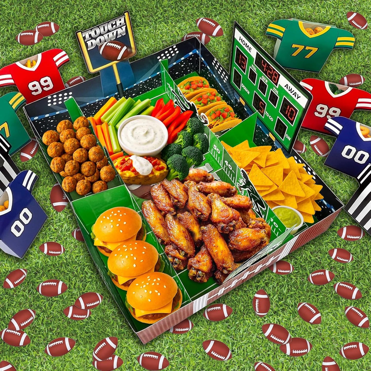 49-Piece Football Stadium Food Tray Kit – Paper Snack Boxes, Confetti and Large Stadium Tray for Game Day, Tailgate, Superbowl and Sports Party Supplies