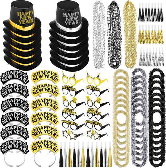 Fovths 132 Pieces 2026 New Years Eve Party Supplies Includes Glasses Top Hats Headband Noisemakers Horns Bead Necklaces Plastic Leis New Year Party Favors for Celebration Decoration Gift