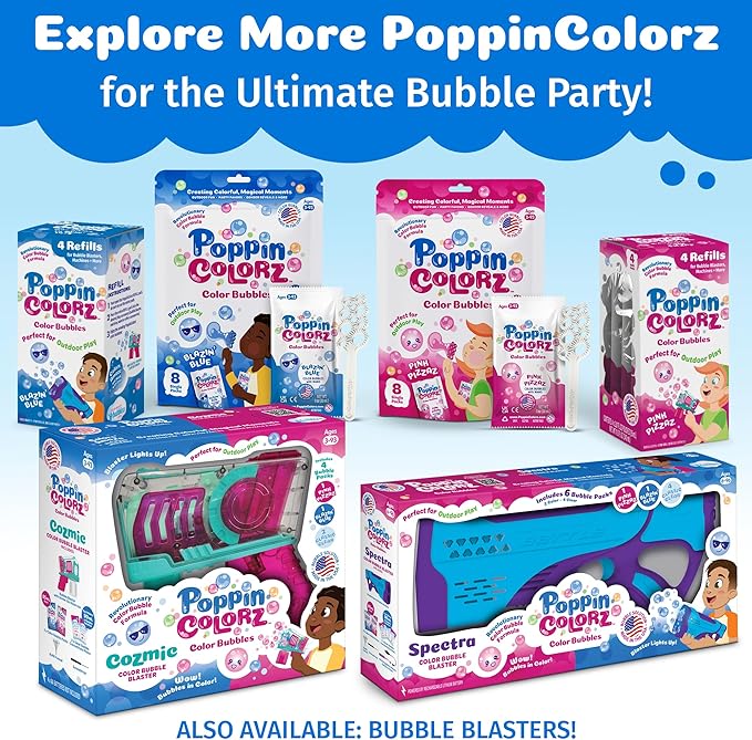 PoppinColorz Blazin' Blue Stain-Free Bubbles Party Favors – 8-Pack for Kids with Wands, Non-Toxic Party Favor for Birthday, Gender Reveal & Outdoor Fun – Bubbles Made in USA