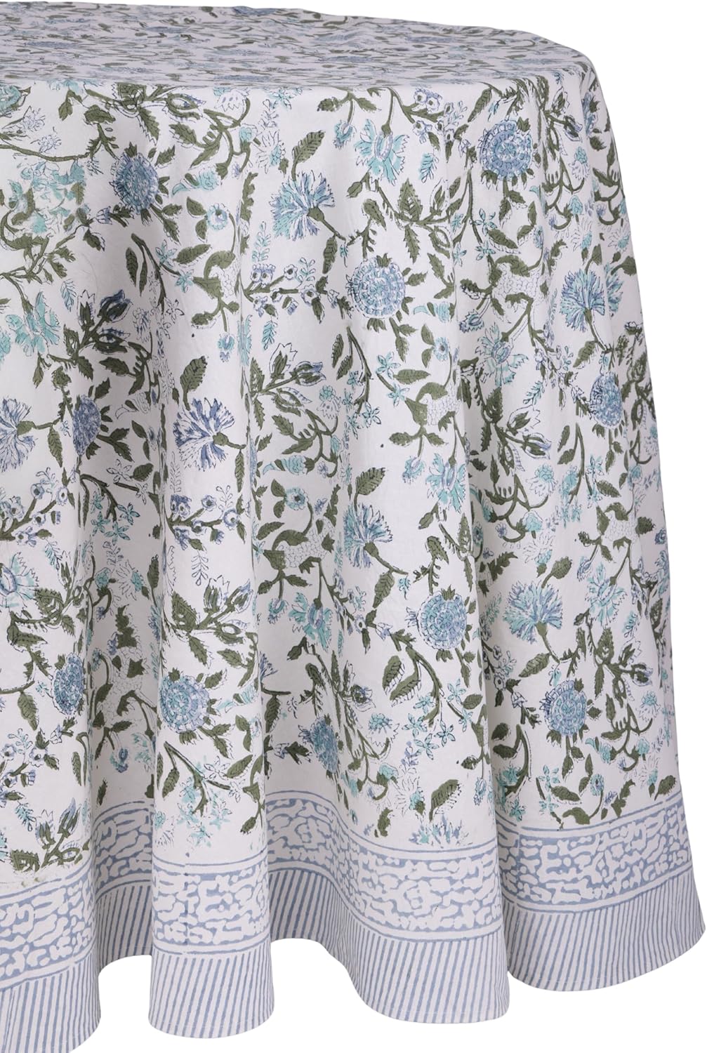 ATOSII Mahoka Blue 100% Cotton Round Tablecloth, Block Print Floral Table Cloth for Dining, Parties, Weddings, Outdoors, Holidays I 72" Inches, 4 Seater I Grandmillennial Farmhouse Boho Summer