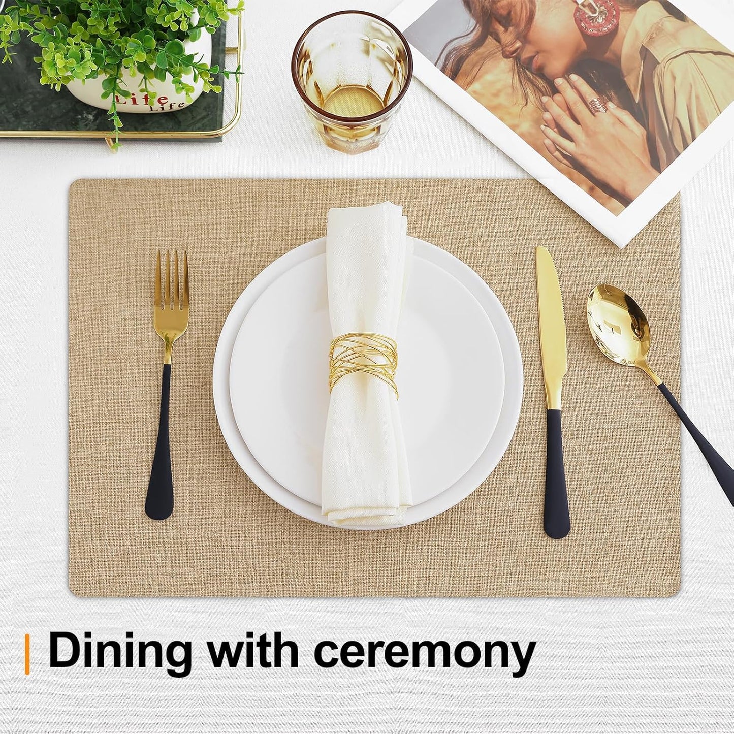 Homaxy Cloths Placemats for Dining Table Set of 6, Heat Resistant Washable Cotton Linen Blend Table Mats, Easy to Clean Place Mats for Indoor Outdoor Party Kitchen Decoration, 13" x 19", Flaxen