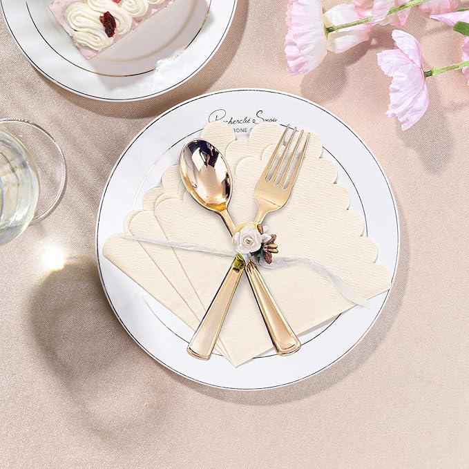 100 Pcs Milky White Napkins Scalloped Edged Dessert Cocktail Napkins Folded 5 x 5 Inches Disposable Napkins for Dinner Wedding Birthday Party