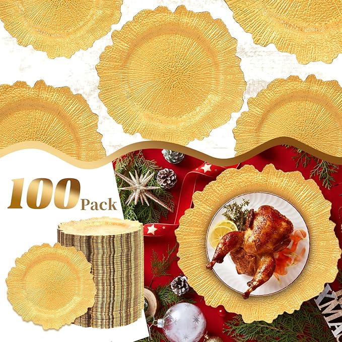 GenMous 100 Pack Gold Charger Plates Bulk for Wedding Party Table Decor, 13 inch Floral Decorative Gold Charger for Dining Plates, Plastic Metallic Plates Charger for Thanksgiving Christmas Holiday