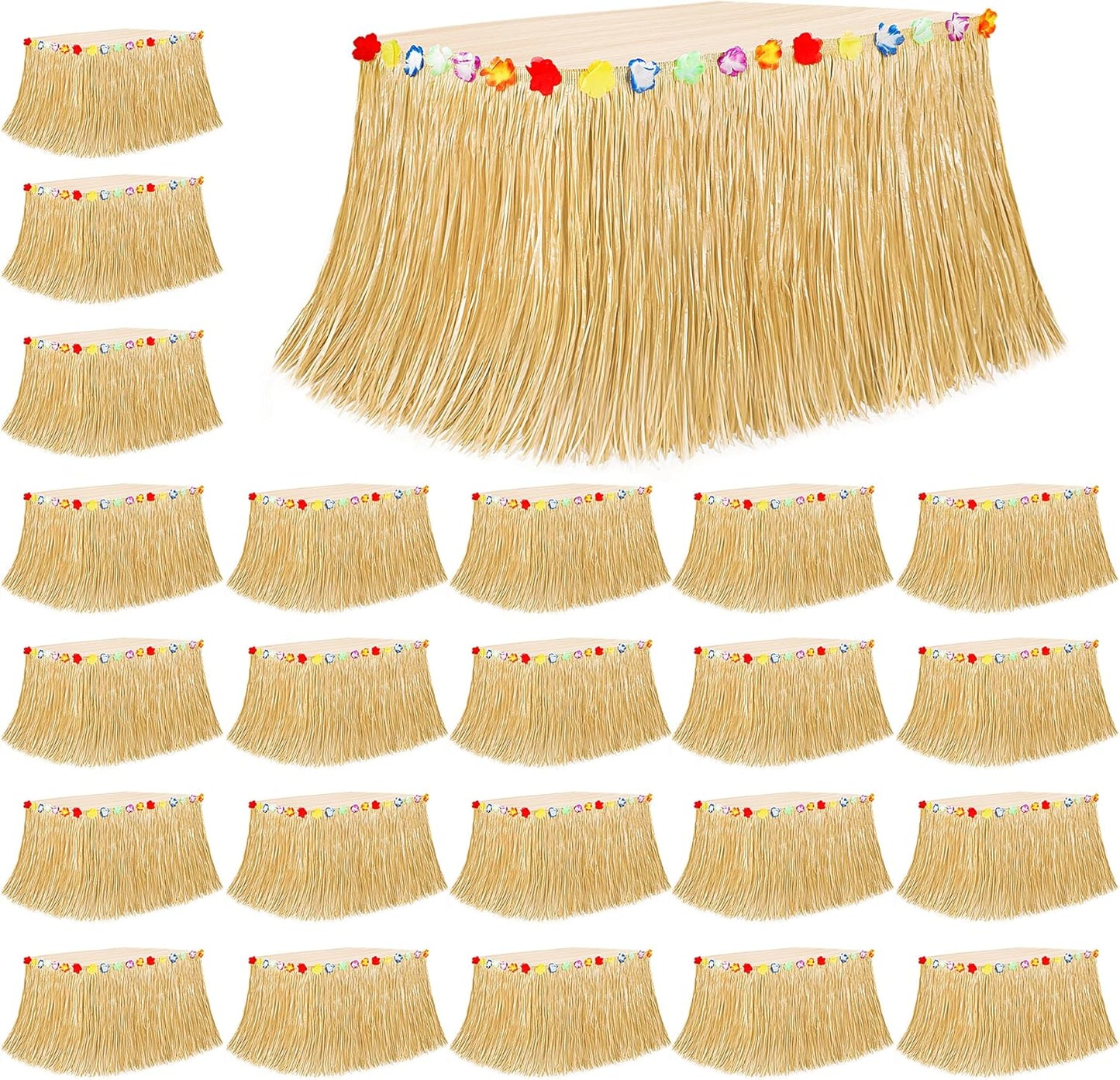 24PCS Hawaiian Table Skirt, Gold Luau Themed Grass Table Skirt Party Supplies, Indoor Outdoor 108 X 29.5" Flower Tropical Hula Dance Parties Supplies Bulk, Table Skirt for Summer Beach Themed Party