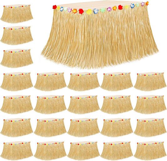 24PCS Hawaiian Table Skirt, Gold Luau Themed Grass Table Skirt Party Supplies, Indoor Outdoor 108 X 29.5" Flower Tropical Hula Dance Parties Supplies Bulk, Table Skirt for Summer Beach Themed Party