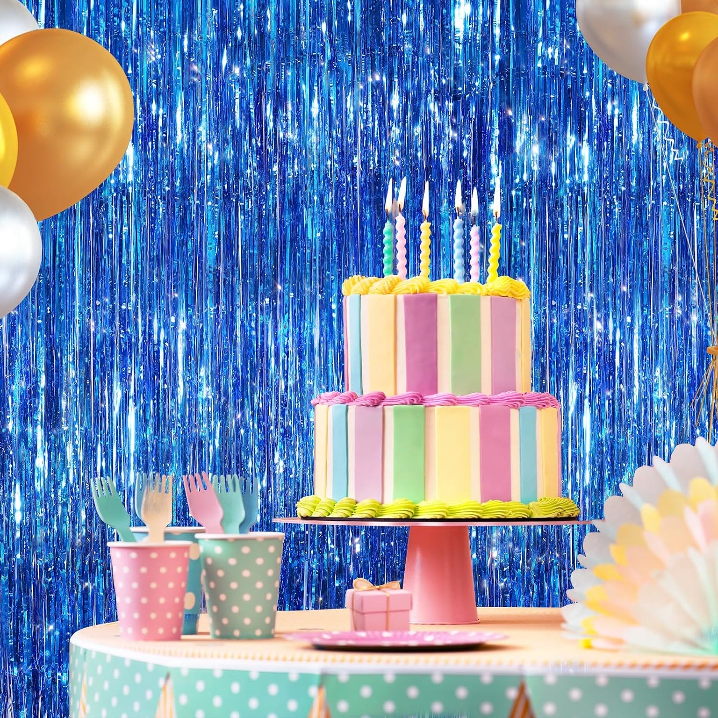 2 Pack Blue Metallic Tinsel Foil Fringe Curtains, Door Streamers Photo Booth Backdrop for Birthday Party, Tinsel Curtain Backdrop for Baby Shower Bachelorette Christmas Party Decorations