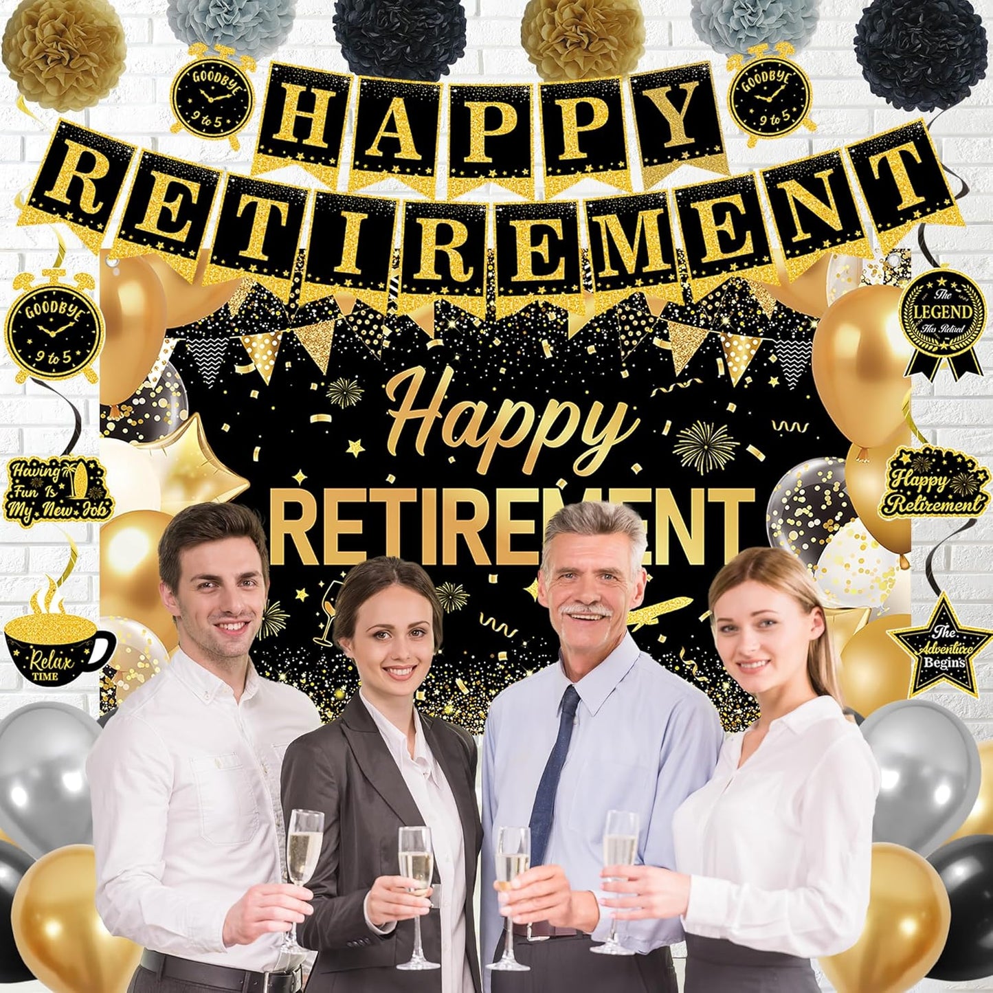 DARUNAXY Retirement Party Decorations, Black Gold Happy Retirement Banner, Officially Retired Signature Guestbook The Legend Has Retired Balloons Hanging Swirl Tissue Paper Pom Poms Supplies for Men