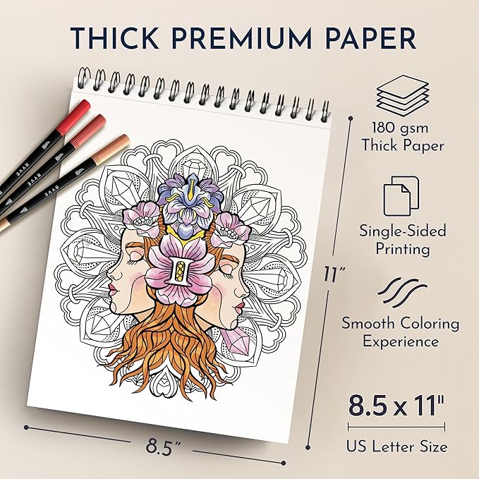 RYVE Mandala Coloring Book for Adults – 50 Unique Designs, Spiral Bound, Stress Relief & Relaxation Mindfulness Art Therapy | No-Bleed Paper | Easy-to-Tear Pages for Framing