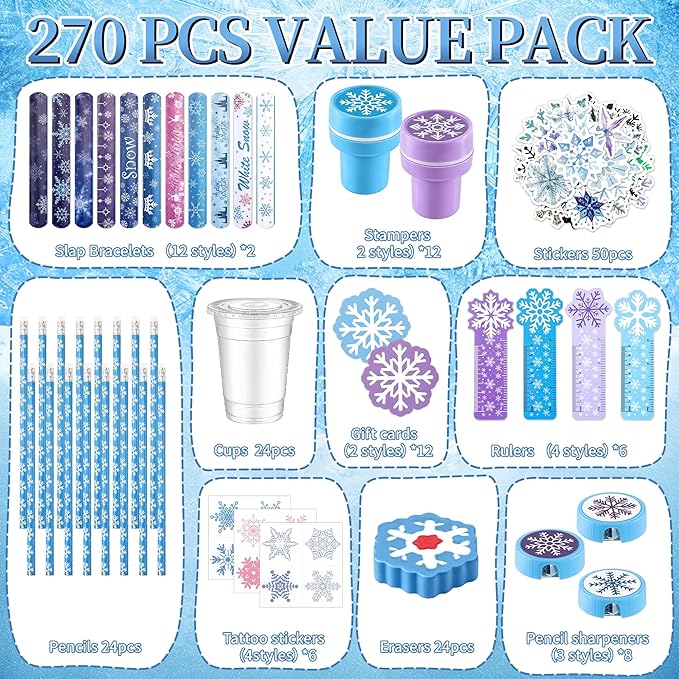 24 Set Winter Holiday Stationery Party Favors, Winter Snowflake Party Gifts, Holiday Stationery Gift Cups Filler with Sticker Stamper Ruler for Birthday Stocking Goodie Bags Exchange Gift