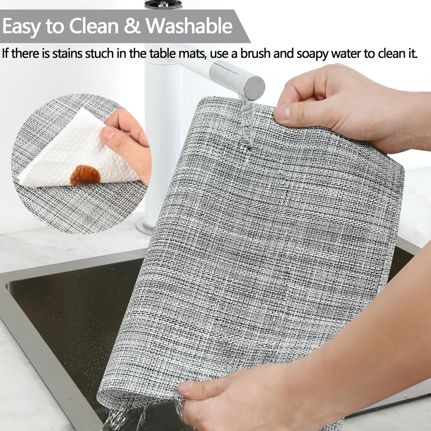 SLKQG Placemats Set of 6 - Easy Clean Washable Vinyl Placemats - Wipeable Heat Resistant Table Mats for Dining Table - 17.7x11.8 Inch (6, Black & White Two-Tone)