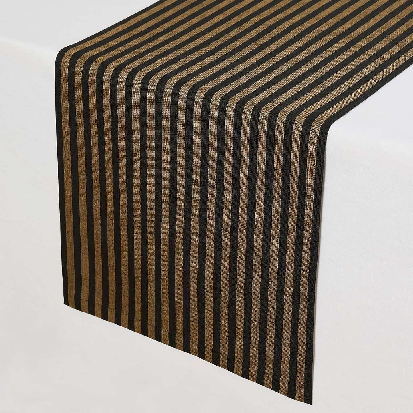 Solino Home Table Runner 36 Inches - Amalfi Stripe 100% Pure Linen Brown Sugar and Black Table Runner 14 x 36 Inch Ideal for Dresser and Coffee Tables - Fall, Autumn, Thanksgiving