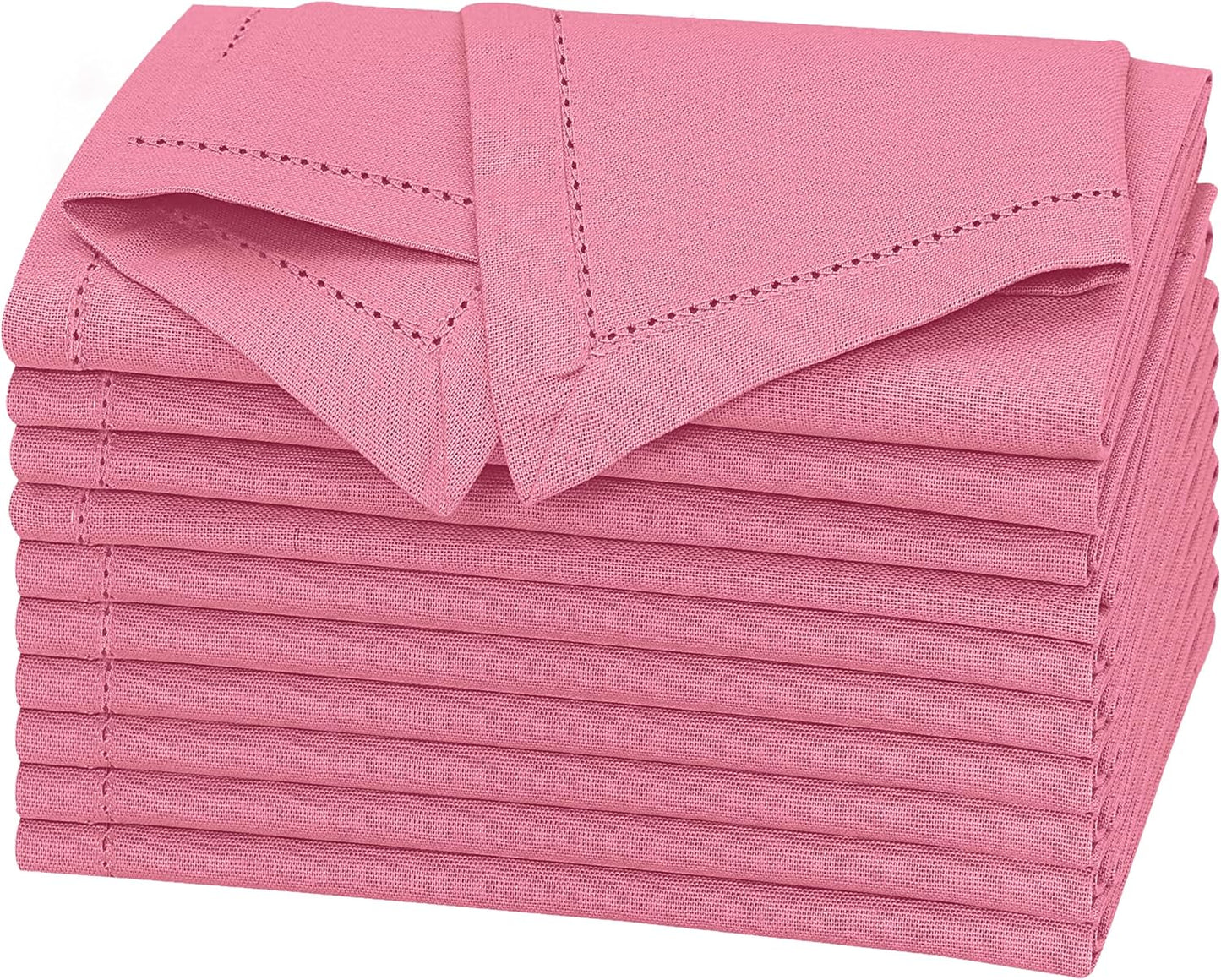 Ruvanti Premium Linen Napkins Set of 12-20x20 Inch, Classic Hemstitch, Mitered Corner Cloth Napkins ‎‎- Soft, Elegant Dinner Napkins Cloth Washable for Weddings, Parties, Everyday Use - Pink