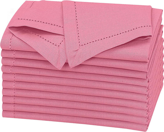 Ruvanti Premium Linen Napkins Set of 12-20x20 Inch, Classic Hemstitch, Mitered Corner Cloth Napkins ‎‎- Soft, Elegant Dinner Napkins Cloth Washable for Weddings, Parties, Everyday Use - Pink