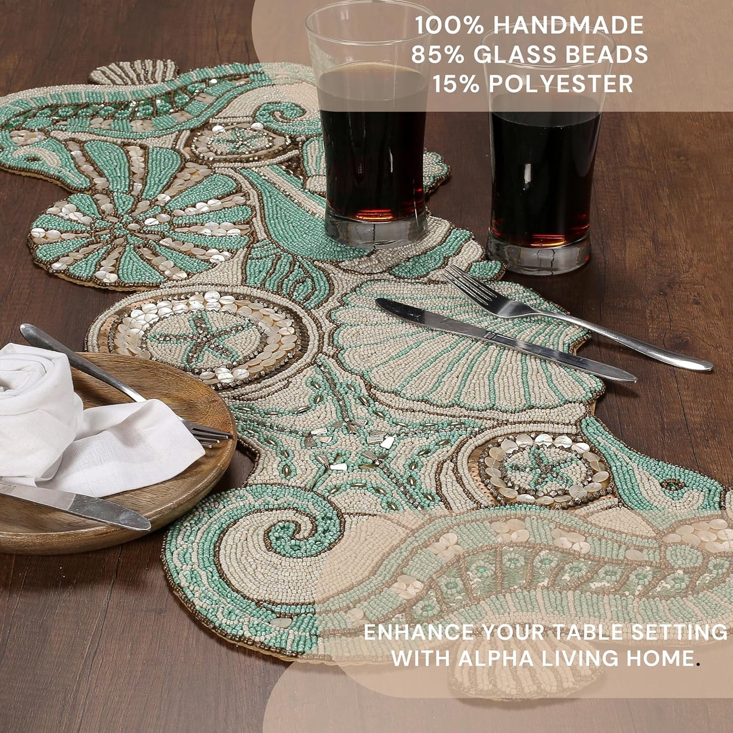 Handcrafted Beaded Table Runner - 36x13 Inch, Coastal Animal Design in Fern Green Ivory - Ideal for Farmhouse, Bridal Shower, and Christmas Decor (Green Brown) - CLEENTABLE
