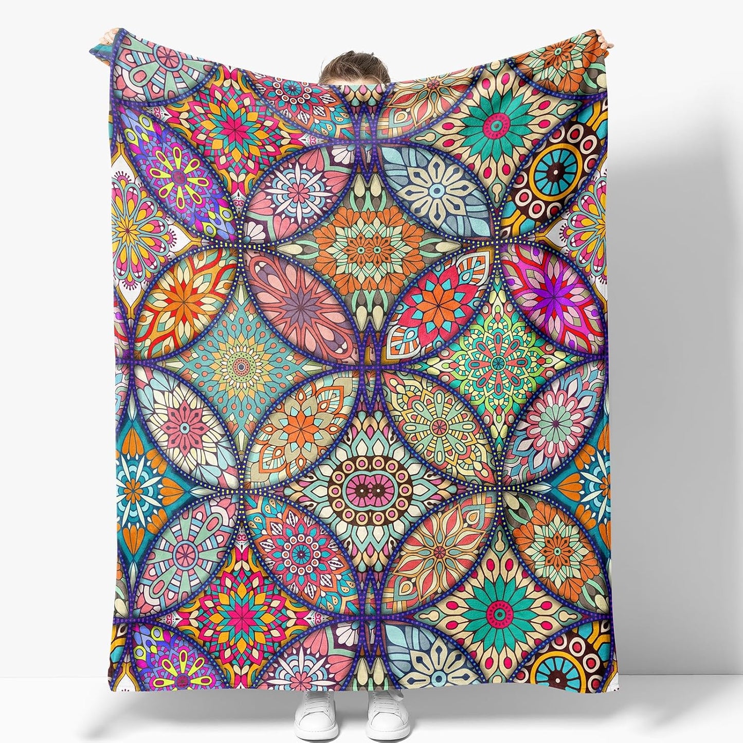 Boho Floral Blanket Gifts for Women Girls Mom Wife Birthday Christmas Valentine Present Colorful Bohemian Flower Theme Hippie Decor Bedroom Living Room Couch Sofa Kids Adult Soft Flannel Throw 60"x50"