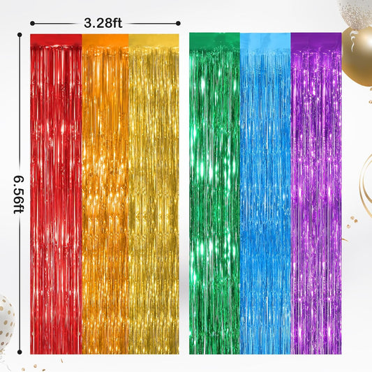 2 Pack Rainbow Metallic Tinsel Foil Fringe Curtains, Door Streamers Photo Booth Backdrop for Birthday Party, Tinsel Curtain Backdrop for Baby Shower Bachelorette Christmas Party Decorations