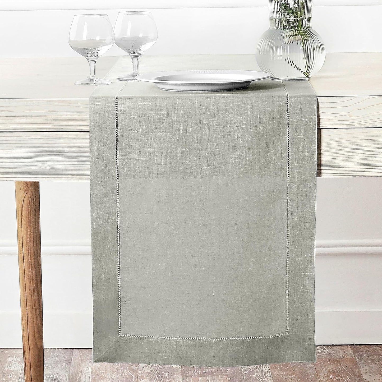 D'Moksha Homes Linen Silver Grey Table Runner 108 Inches Long - 100% Pure Linen 14 x 108 Inch Table Runner for Fall, Autumn and Halloween - Classic Hemstitch