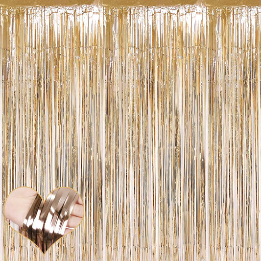 4 Pack Champagne Gold Fringe Curtain Backdrop, 3.2Ft x 9.8Ft Metallic Tinsel Foil Fringe Streamers Curtains Background for Photo Booth Birthday Baby Shower Party Wedding Graduation Decorations