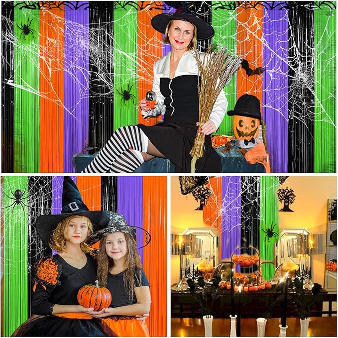 4 Packs Halloween Foil Fringe Curtain, Orange Black Purple and Green Metallic Tinsel Backdrop for Birthday, Baby Shower, Bachelorette, Halloween Party Decorations Favors Supplies Indoor Outdoor
