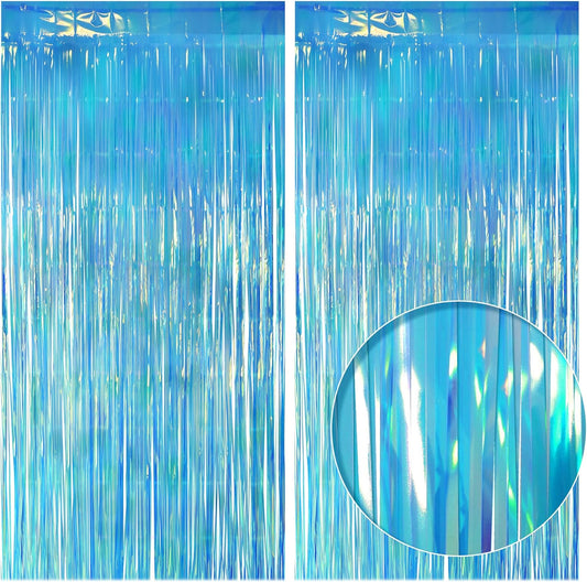 2 Pack Blue Iridescent Streamers Backdrop, 3.3x6.6ft Foil Fringe Curtains Holographic Door Tinsel Streamers for Birthday, Wedding, Holiday, Bachelorette, Christmas, Winter Theme Party Decorations