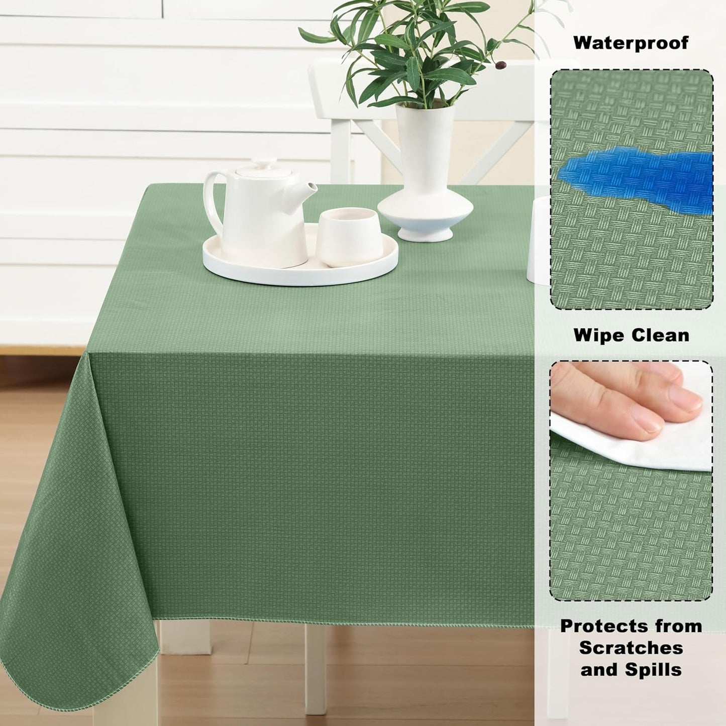 Newbridge Basketweave Vinyl Flannel Backed Tablecloth, 60 x 84 Inch Rectangle, Sage Green, Basket Weave Textured Indoor Outdoor Waterproof Table Cover for Patio, Kitchen, Dining