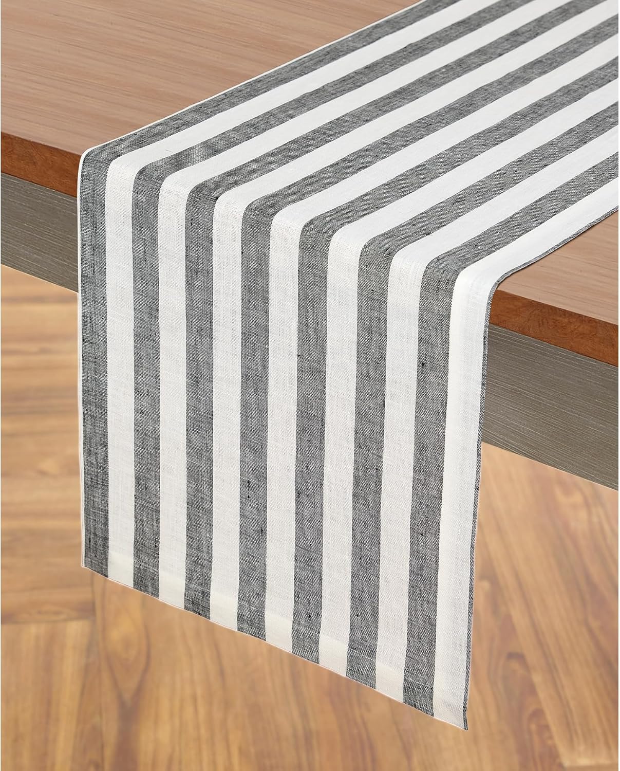 Solino Home Linen Table Runner 90 Inches Long - Sorrento Stripe, 100% Pure Linen Black and White Table Runner 14 x 90 Inch for Dining, Fall, Autumn