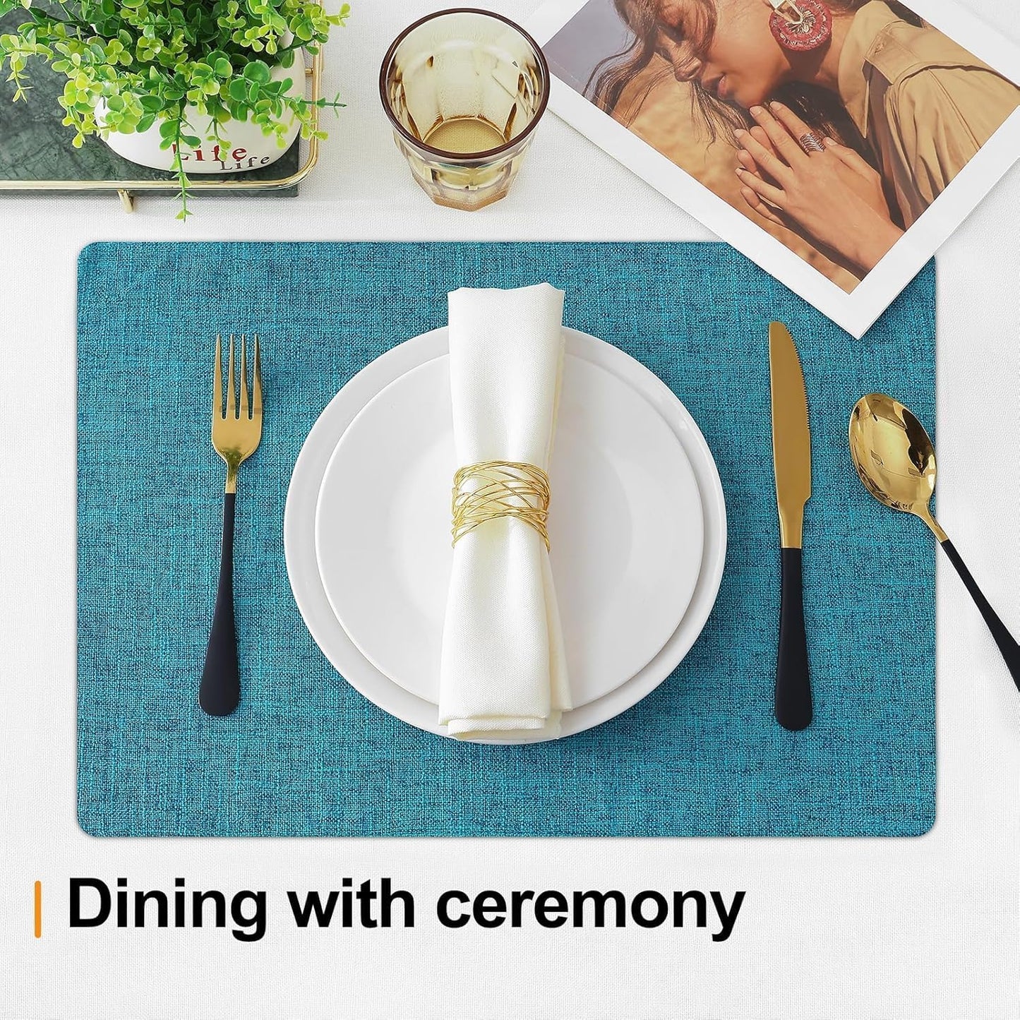 Homaxy Cloths Placemats for Dining Table Set of 8, Heat Resistant Washable Cotton Linen Blend Table Mats, Easy to Clean Place Mats for Indoor Outdoor Party Kitchen Decoration, 13" x 19", Teal