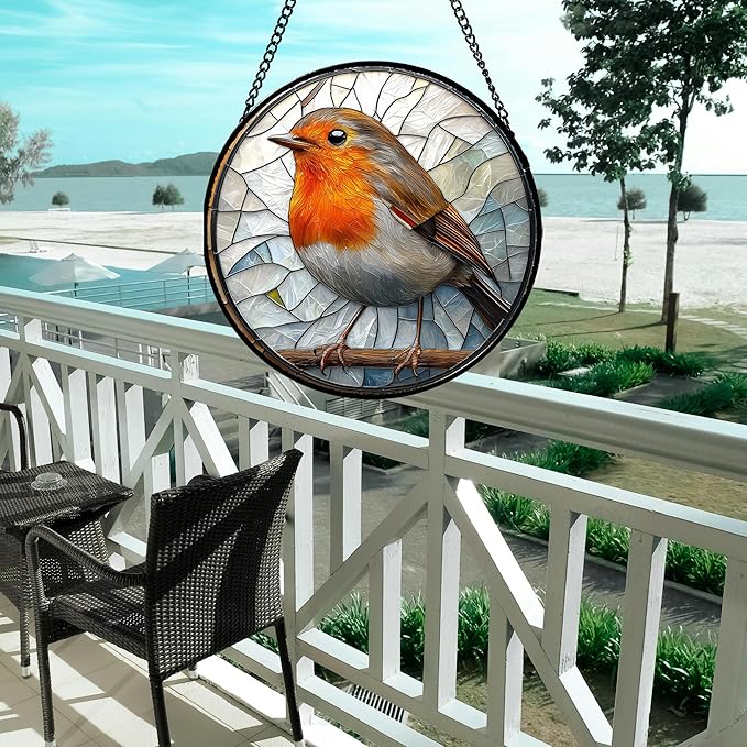 Stained Glass Window Hanging - Orange Grey Robin Sun Catcher for Door Garden Home Decor Bird Lovers Suncatcher Christmas Mother's Day Birthday Gifts for Women Men Mom Nana 11.8 in