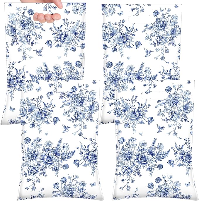 100 Pcs Wildflower Gift Bags Vintage Wildflower Party Favor Bag with Handle Plastic Goodie Candy Treat Gift Wrapping for Wedding Baby Shower Birthday Party Favors Supplies(Blue Floral)