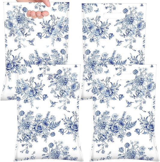 100 Pcs Wildflower Gift Bags Vintage Wildflower Party Favor Bag with Handle Plastic Goodie Candy Treat Gift Wrapping for Wedding Baby Shower Birthday Party Favors Supplies(Blue Floral)