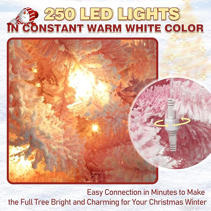 MUPATER 6ft Snow Flocked Christmas Tree Pre-lit, Pink Christmas Flocked Tree with Lights, Artificial Holiday Christmas Tree with Stand for Home Decoration