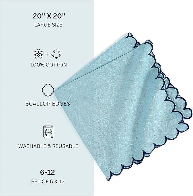 FINGERCRAFT Cloth Napkins, Everyday Use Scallop Design, Premium Quality Cotton Napkin Set of 6 Perfect for Parties Dinners Weddings Easter Napkin Cloth 20x20 inch Aqua/Navy