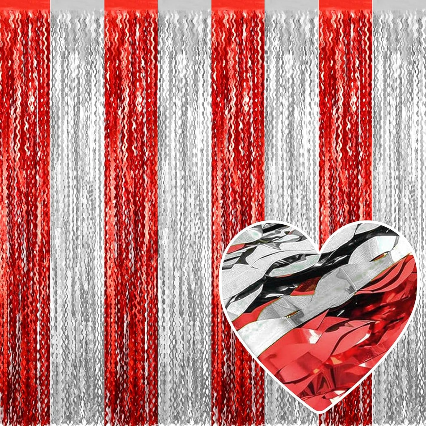 4 Pack Red Silver Fringe Curtain Backdrop 3.2Ft x 8.2Ft Metallic Tinsel Foil Fringe Streamers Background for Photo Booth Mother's Day, Easter, Carnival, Birthday, Wedding Party Decoration