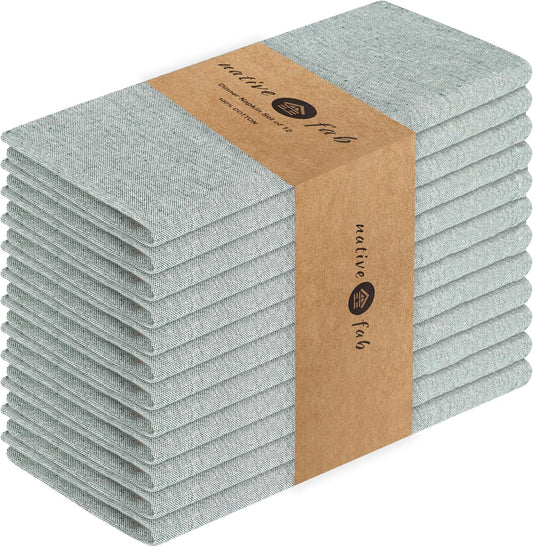 Native Fab Solid Chambray Cloth Napkin Set of 12, 100% Cotton, Washable, Reusable Dinner Cloth Napkin 17x17 inches, Table Decor Napkins for Dinner, Events, Olive Green
