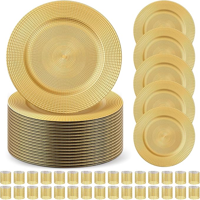 Tanlade 50 Set Bright Gold Charger Plates Bulk with Napkin Rings Plastic 13" Plate Charger Fluted Edge Wedding Decoration for Table Wedding Party Event(Chain)